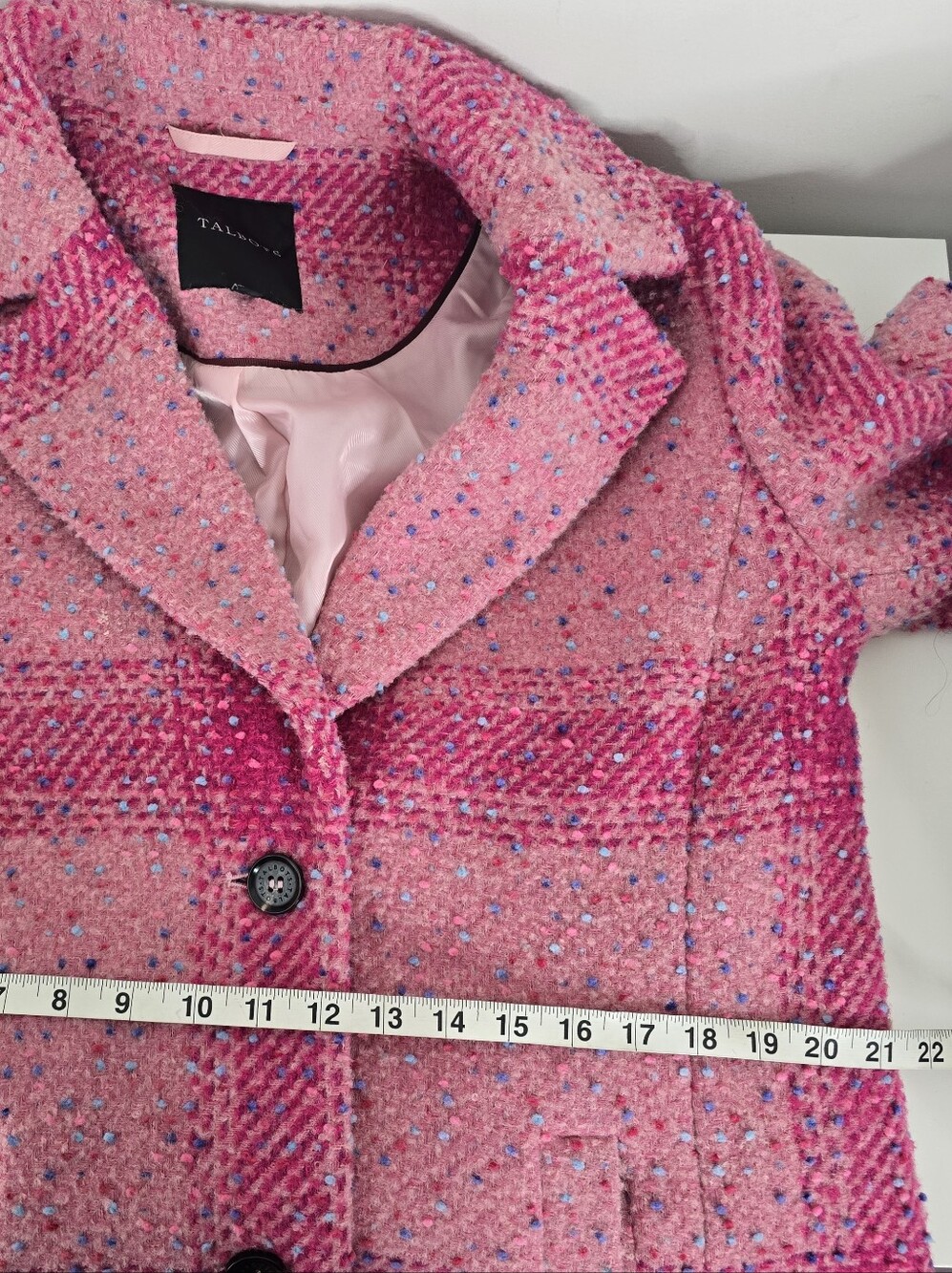 Talbots Confetti Pink Plaid Long Wool Blend Coat Jacket Size L Textured Tweed - Picture 12 of 15